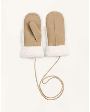Oysho Suede And Faux-Shearling Mittens With Cord - Natural