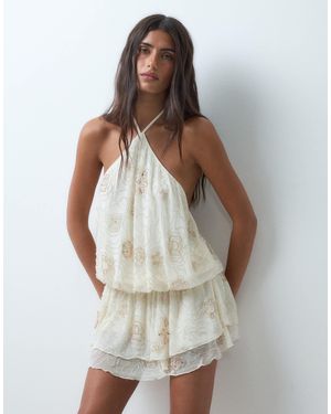 Miss Selfridge Combishort style festival à dos nu et taille basse ornée - Blanc