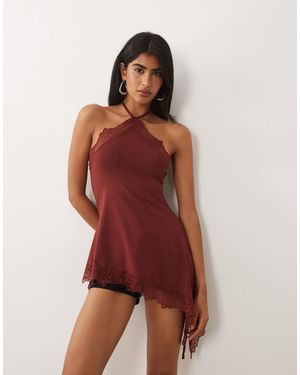 ASOS Slinky Long Line Lace Trim Asymmetric Halterneck Top - Red