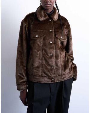 TOPSHOP Faux Fur Pony Skin Western Trucker Jacket - Brown
