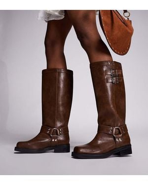 Public Desire Sirus Flat Harness Knee Boots - Brown
