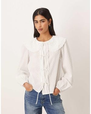 Nobody's Child Jolie Broderie Oversized Collar Dobby Tie Front Shirt - White