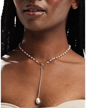 True Decadence Pearl Bow Lariat Necklace - Brown