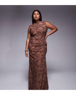 ASOS Asos Design Curve Sleeveless High Neck Devore Maxi Dress With Ruched Skirt Detail - Brown