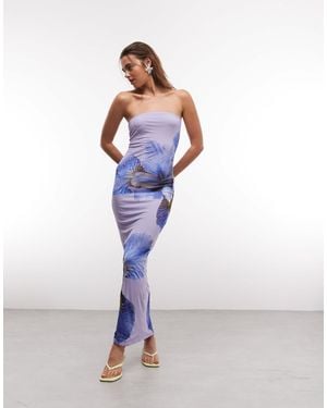 Kaiia – exklusiv – figurbetontes, trägerloses maxikleid aus netzstoff mit fliederfarbenem blumenmuster - Blau
