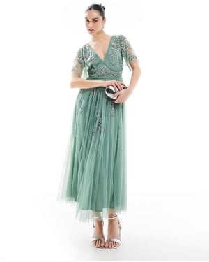 Maya Embellished Short Sleeve Midi Dress - Green