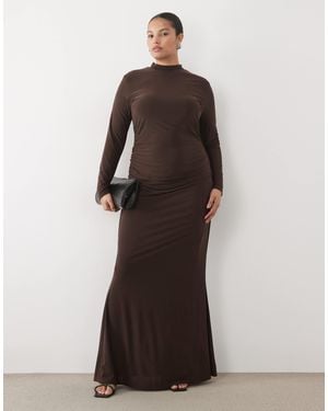 Tfnc Plus Mesh High Neck Ruched Side Maxi Dress - Brown
