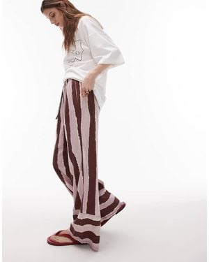 TOPSHOP Linen Brush Stroke Stripe Deep Cuff Straight Leg Trouser - White