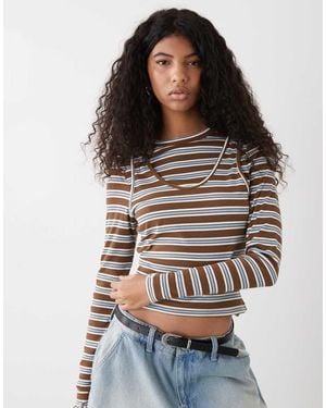 Collusion Long Sleeve Double Layer Striped Top - Grey
