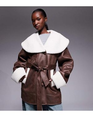 The Frolic Exclusive Faux Shearling And Cream Borg Contrast Belted Coat - Brown