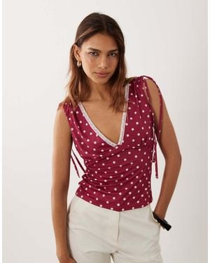Miss Selfridge Ruched Shoulder V-neck Tank Top With Lace Trim - Red