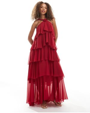 Vero Moda Felicia - robe longue dos nu à volants et grosse fleur - Rouge