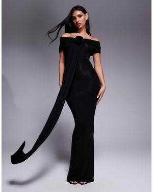 Wanderdoll Belle Second Skin Bardot Drape Detail Bodycon Maxi Dress - Black