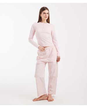 Brave Soul Cotton Long Sleeve Henley T-shirt And Gingham Trousers Pyjama Set - Pink