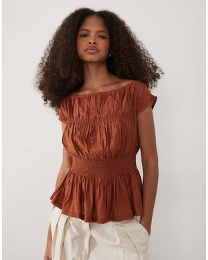 Threadbare Top Color Óxido Fruncido Con Mangas De Casquillo De -Naranja - Marrón