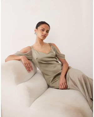 Pretty Lavish Cold Shoulder Drop Hem Sheer Maxi Dress - Natural