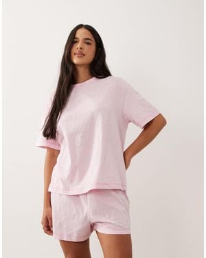 ASOS Oversized Tee And Shorts Pajama Set With Contrast Overlock Stitch - Pink
