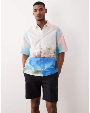 ASOS Oversized Printed Landscape Shirt With Linen - Blue