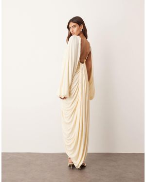 ARRANGE Drape Midi Dress With Balloon Sleeve And Hardware Detail - Natural
