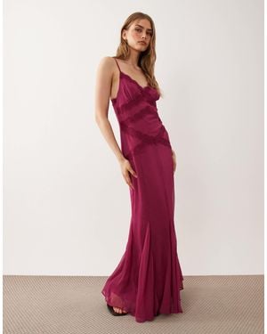 ASOS Slip Shift Lace Trim Midi Dress With Godets - Natural