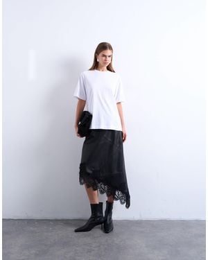 TOPSHOP Real Leather Lace Insert Midi Skirt - White