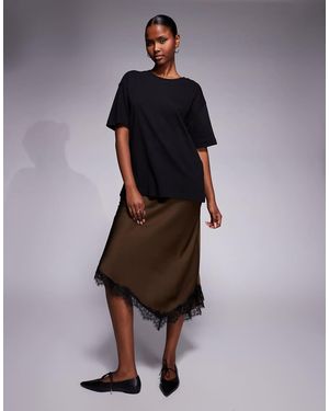 River Island Falda Larga De Satén Con Detalle De Encaje De - Marrón