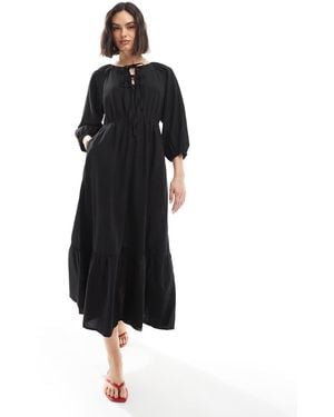 New Look Tie Front Tiered Smock Midi Dress - Black