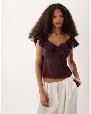 Wednesday's Girl Cap Sleeve Blouse With Lace Trip - Brown