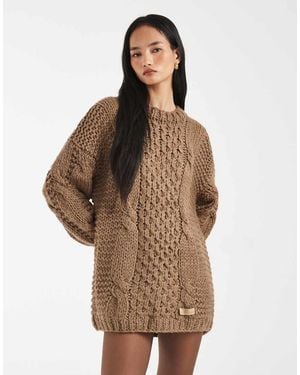 Kiwi & Co Orla Hand-knitted Cable Knit Balloon Sleeve Mini Jumper Dress - Brown