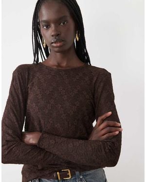 Vila Long Sleeve Floral Detail Mesh Top - Brown