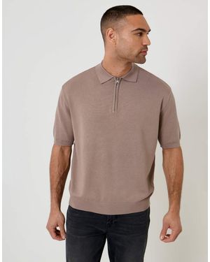 Threadbare Relaxed Fit Knitted Quarter Zip Polo - Grey