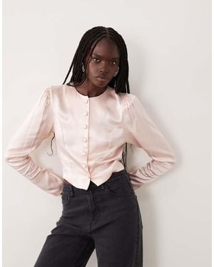 Miss Selfridge Satin Button Through Puff Sleeve Blouse Co-Ord - Pink