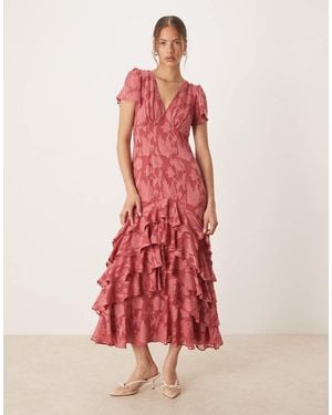 ANAYA V Neck Short Sleeve Ruffle Midaxi Dress - Red