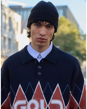 Bershka Printed Polo Collar Jumper - Blue