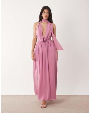 Aria Cove Vestido Largo Con Cuello Desbocado Muy Escotado Y Detalle De Fular Cruzado De Chifón De - Rosa