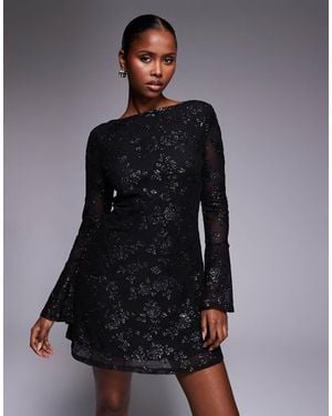 ASOS Mini-Jurk Van Mesh En Glitter Met Geflockte Bloemen En Uitlopende Mouwen - Blauw