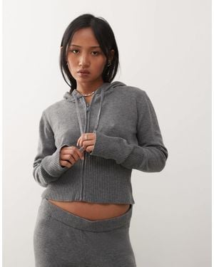 Noisy May Knitted Zip Cardigan Co-ord With Hood - Gray