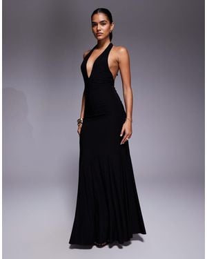 Fashionkilla Exclusive Double Sculpted Slinky Plunge Halterneck Godet Hem Maxi Dress - Blue