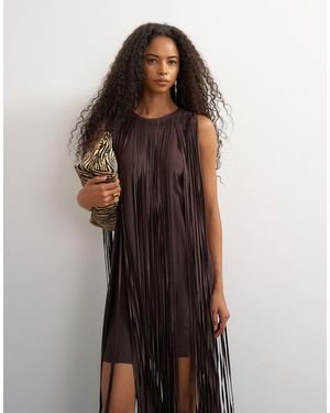 TOPSHOP Premium Satin Fringed Maxi Dress - Brown