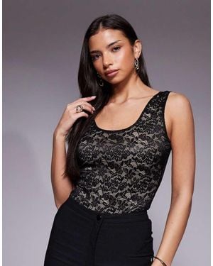 GOOD AMERICAN Stretch Scoop Neck Tank Lace Bodysuit - Black