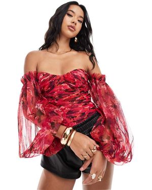 LACE & BEADS Balloon Sleeve Ruched Bodysuit - Red