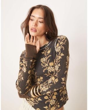 Free People Pretty Little Floral Thermal Long Sleeve Top - Brown