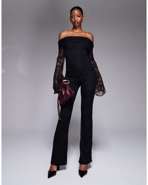 Kaiia Exclusive Double Layered Slinky Lace Long Sleeve Foldover Bardot Jumpsuit - Blue
