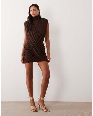 Ruched & Ready Sculpted High Neck Drape Front Mini Dress - Brown