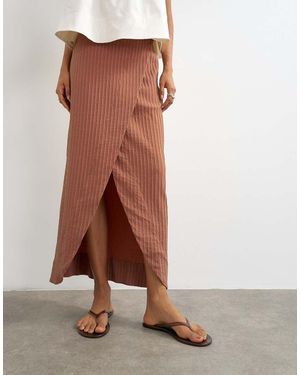 TOPSHOP Gonna Lunga Avvolgente Color Ruggine A Righe - Marrone
