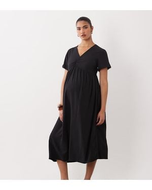 Mama.licious Mamalicious Maternity Lace Trim Ruched Front Midi Tea Dress - Black