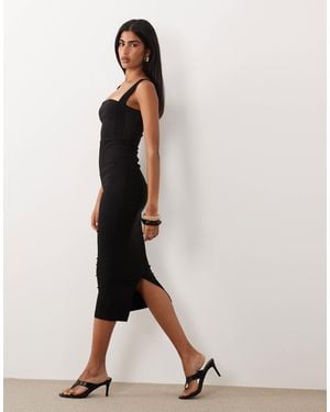 Vesper Bengaline Square Neck Mesh Panel Side Detail Dress - Natural