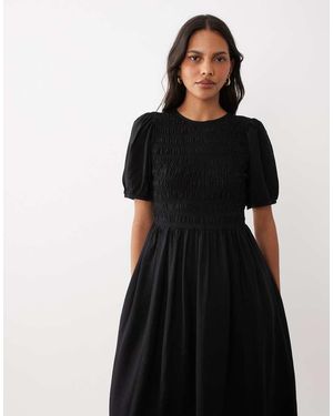 New Look Vestito Midi Con Maniche A Palloncino E Arricciatura - Nero
