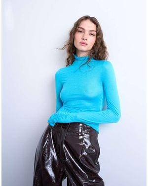 TOPSHOP High Neck Viscose Long Sleeve Top - Blue