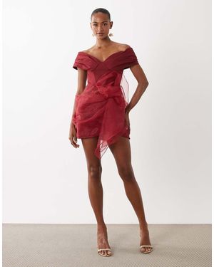 ASOS Vestido Corto Estructurado Con Escote Bardot Y Falda De Organza-Rojo